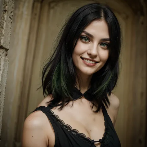 Crossed eyes gothic woman funny smile, black hair with green eyes