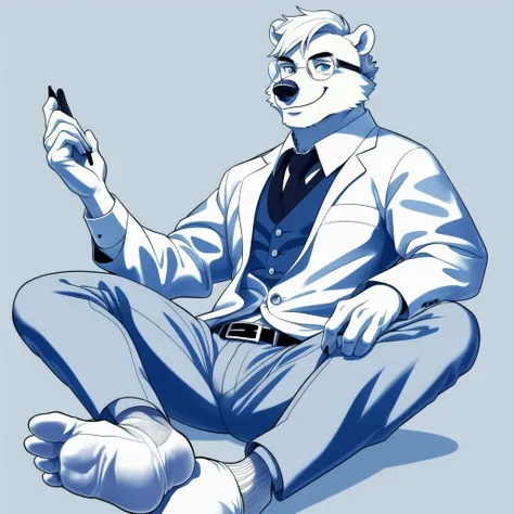 polar bear  dad male office suit  white shirt slighly  well built , blue eyes glasses, head crest white hair, levitating relaxing  spread legs, feet with white ankle sock, disney profile,  drawing lineart full body shading   evil smug , kemono , detailed e...