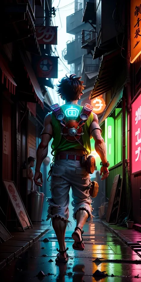 3D illustration(((Detailed))), Japanese anime「one piece」the protagonist of, Monkey D. Luffy, Armed with the latest protective gear, Beach sandals on your feet(((must)))The outline glows like a neon light, Running through a collapsing research facility in t...