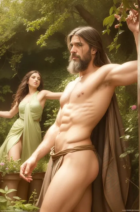 on a garden, full body, naked, six females greek with cloak are running, female greek, painted of rugged zeus and queen hera, god of thunder, female greek god, white hair, masculine, mature, handsome, upper body, muscular, hairy torso, fantasy, intricate, ...