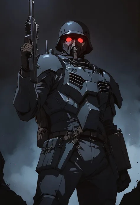 jin-roh!,1 boy,glowing,cowboy shot,strong,round eyes,backpack,no pupils,radio antenna,red eyes,dark,low-key,night,shadow,
sewer,...