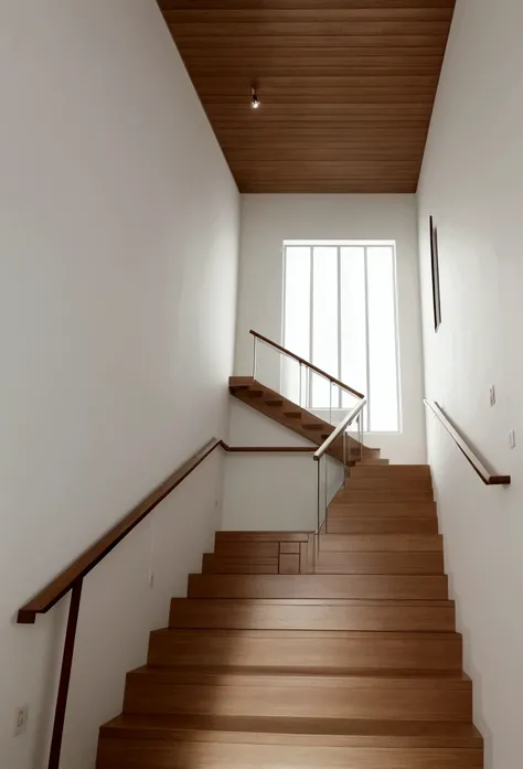 A realistic, minimalistic scene of a staircase with wooden steps ascending. The staircase is modern and sleek, set against a plain, light-colored wall. The environment is serene, with clean lines and a clutter-free space, emphasizing simplicity and eleganc...