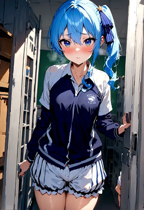 NSFW,masterpiece,Highest quality,High resolution,Super detailed,Star Town Suisei(Hololive),Blue Hair,One Side Ponytail,Blue Eyes,Small breasts,Track and field club,uniform,Bloomers,School,locker room,Seduce,Expecting face