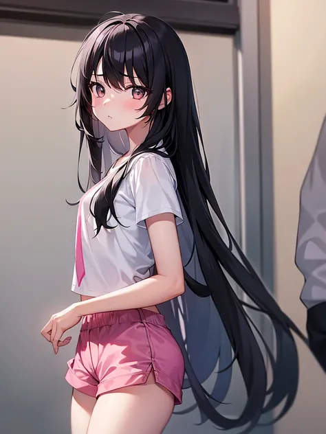 1girl, long black hair, gray eyes, wearing white shirt, pink shorts, bored expression, house, absurdres, high res, ultrasharp, 8K, masterpiece