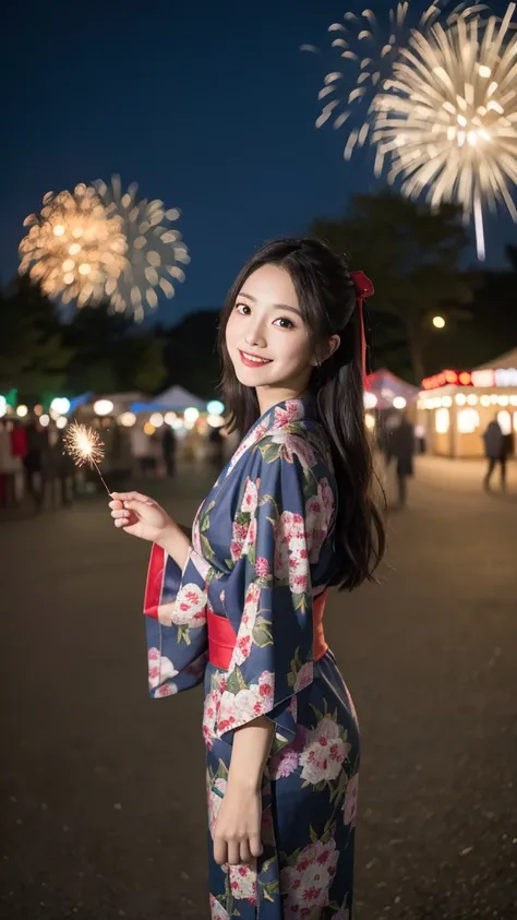 1girl,wearing christmas theme kimono,japanese clothes, chirstmas kimono, christmas theme print,looking viewer,close up,from_front:1.2,festival,yukata,traditional attire,hair ribbon,sandals,outdoors,cityscape,smiling,night,colourful firework background,lant...