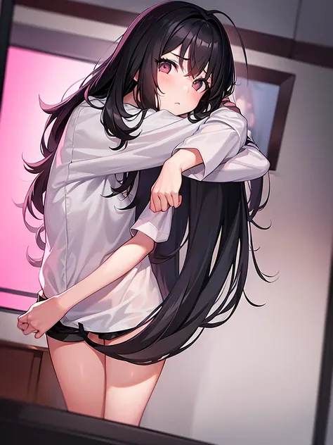 1girl, long black hair, gray eyes, wearing white shirt, pink shorts, bored expression, house, absurdres, high res, ultrasharp, 8K, masterpiece