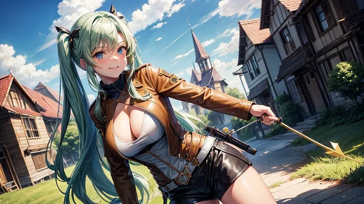 1girl, solo, village, houses, trees, sun, clouds, fantasy, medieval, ((pale green hair)), twintail, huge breasts, ((brown leather jacket)), brown leather shorts, ((leather clothes)), cleavage 1:3, blue eyes, skirt, grin, looking at the viewer, standing, ha...