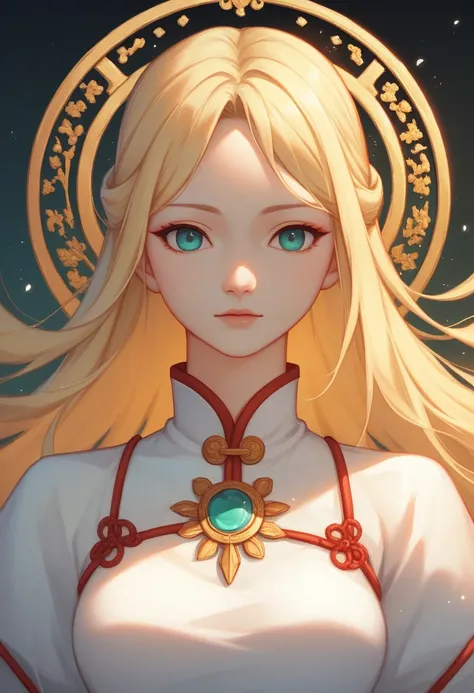 ((Highest quality)), ((masterpiece)), (detailed), ((Perfect Face)),euphilia,A beautiful anime girl with long blonde hair and dark turquoise eyes, wearing a white dress. The artwork should be in the trending style of CGStation, inspired by Guweiz, with smoo...