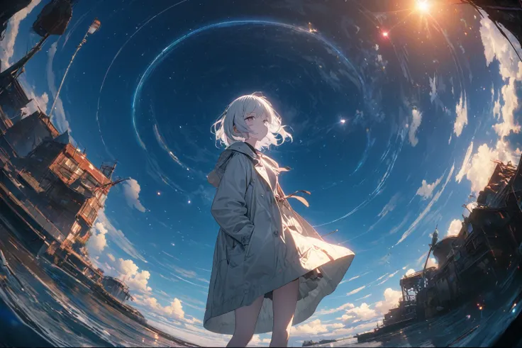 Starry Sky, After the Rain, horizon , In the sky,Lens flare, colorful,coat,Put your hands in your pockets,(student, 18-year-old, ＪＫ, Her short silver hair sways, Pale skin, Lack of eye sparkle) Look up at the sky, Beautiful sky, There is an ocean,White Str...