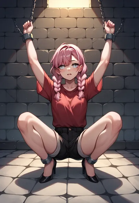 score_9, score_8_up, score_7_up, score_6_up, score_5_up, score_4_up, source_anime, 1girl, worth, An innocent face , pink hair, braids, white eyes, w-w-chain, shackles, spread arms, loose hair, red shirt, shorts , black high heels , sexy pose, night , dunge...