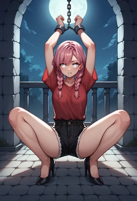 score_9, score_8_up, score_7_up, score_6_up, score_5_up, score_4_up, source_anime, 1girl, worth, An innocent face , pink hair, braids, white eyes, w-w-chain, shackles, spread arms, loose hair, red shirt, shorts , black high heels , sexy pose, night , dunge...