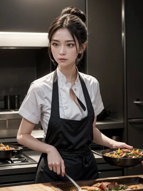 a very beautiful attractive slender woman, chef cook, black bun hair, dark brown eyes, black chef uniform, low neckline, cooking Ratatouille, background a professional kitchen of a restaurant