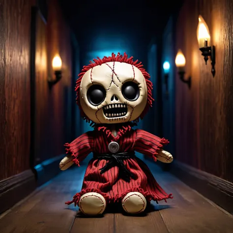 (knitted toy voodoo doll:1.5), (Voodoo Scream of Horror:1.3), (Clothing: tattered scream-filled robes with jagged patterns:1.0), (Accessories: enchanted cursed scream mask, glowing sinister echoing horn:1.1), (background: eerie dark hallway with flickering...