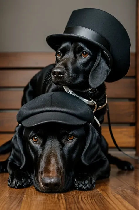 Black pincher dog with hat back on his head