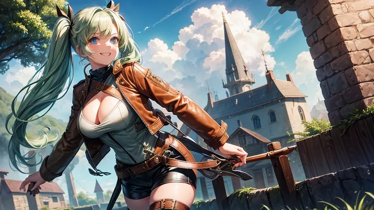 1girl, solo, village, houses, trees, sun, clouds, fantasy, medieval, ((pale green hair)), twintail, large breasts, ((brown leather jacket)), brown leather shorts, ((leather clothes)), cleavage 1:3, blue eyes, skirt, grin, looking at the viewer, standing, h...