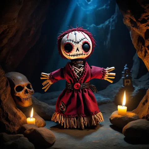 (knitted toy voodoo doll:1.5), (Voodoo Fearseer:1.3), (Clothing: tattered fear-laced robes with eye patterns:1.0), (Accessories: enchanted cursed all-seeing eye, glowing sinister fear beacon:1.1), (background: eerie dark cave with flickering lights, eerie ...