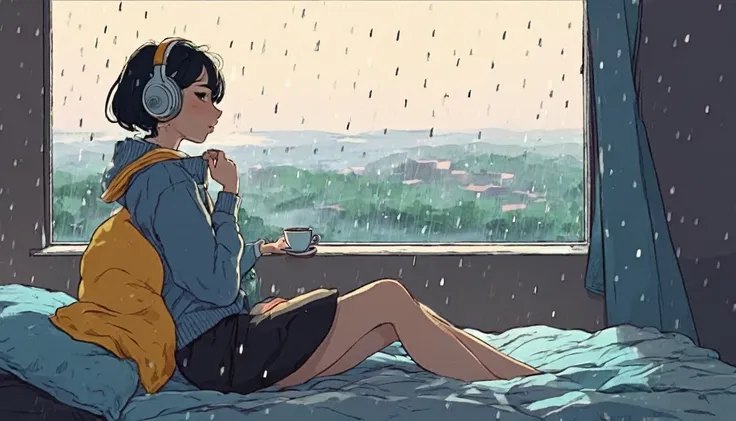 lofi song, sitting on the bed. looking at the window, having a coffee. listening to music on headphones, while looking out the w...