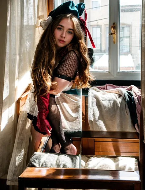 Sabrina Carpenter, In a bra, underwear, Window light, stockings