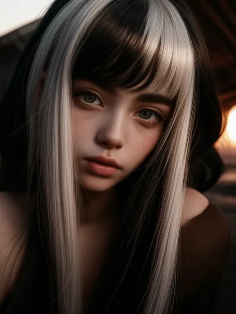 Woman with black hair, gray eyes, white skin, lying surrounded, grunge style, Bangs, small eyes, pretty girl, 8k, white wigs,Sunset, 2000s, full body toned