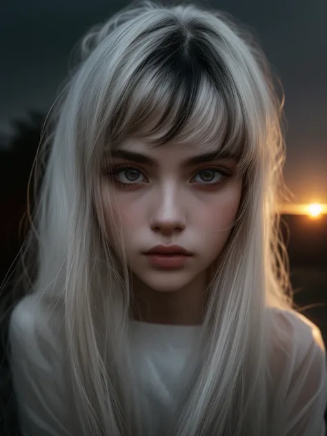 Woman with black hair, gray eyes, white skin, lying surrounded, grunge style, Bangs, small eyes, pretty girl, 8k, white wigs,Sunset, 2000s, full body toned