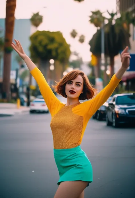 cinematic photo a vibrant  (((ohwx woman))) As Mia from La La Land, dancing through the streets of Los Angeles, her dreams of Hollywood stardom within reach., Hair in a playful bob, reflecting her vivacious spirit and artistic aspirations.,   . 35mm photog...