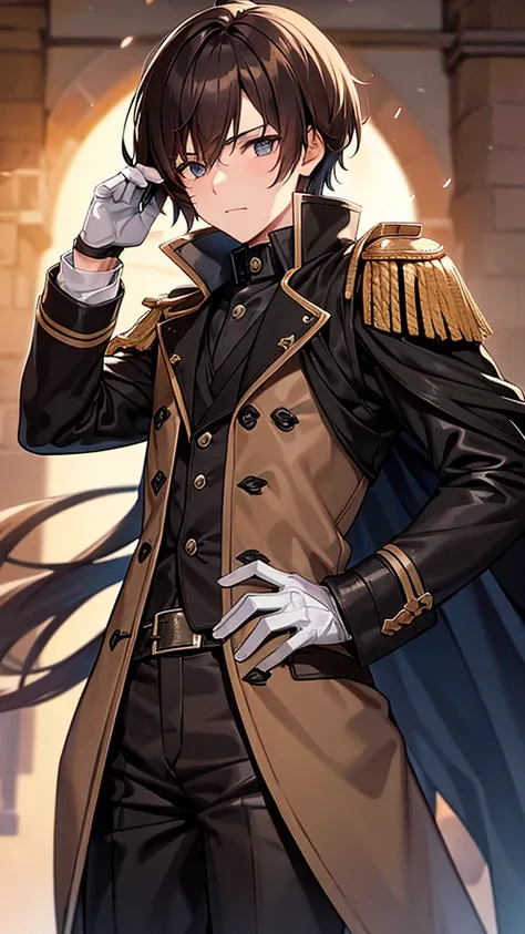 
A boy , of Brown hair, with crow mask  , a trench coat in swordsman shades with black patterns. , white gloves , with magic 