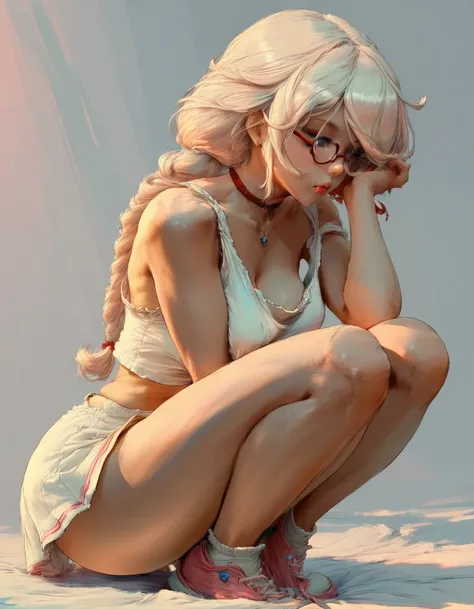 a woman in a short skirt and glasses, pink braided hair is posing for a photo, a hyperrealistic anime girl, hyperrealistic, cutesexyrobutts, realistic and seductive, backlit, bent over, ecchi, ecchi anime style, oppai, cute anime girl squatting, style ecch...