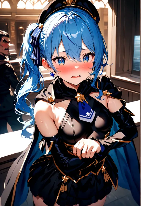 NSFW,masterpiece,Highest quality,High resolution,Super detailed,Star Town Suisei(Hololive),Blue Hair,One Side Ponytail,Blue Eyes,Small breasts,leotard,Removable sleeves,Micro Mini Skirt,Cape,Adventurer&#39;s Guild,Reception counter,Embarrassed,blush,Expect...