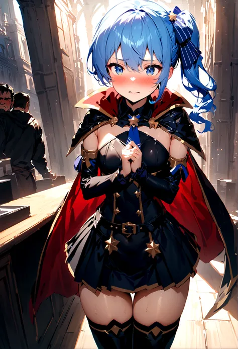 NSFW,masterpiece,Highest quality,High resolution,Super detailed,Star Town Suisei(Hololive),Blue Hair,One Side Ponytail,Blue Eyes,Small breasts,leotard,Removable sleeves,Micro Mini Skirt,Cape,Adventurer&#39;s Guild,Reception counter,Embarrassed,blush,Expect...