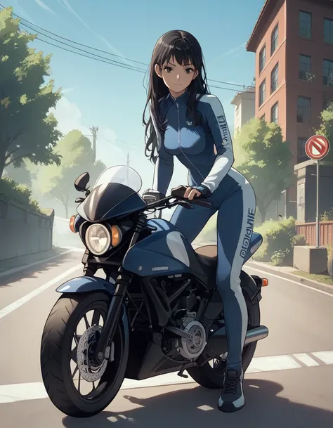 score_9, score_8_up, score_7_up, score_6_up, score_5_up, score_4_up, source_anime,
terayama reiko, black hair, long hair, bikesuit,
1girl, motorcycle, confident, outdoors, blue sky