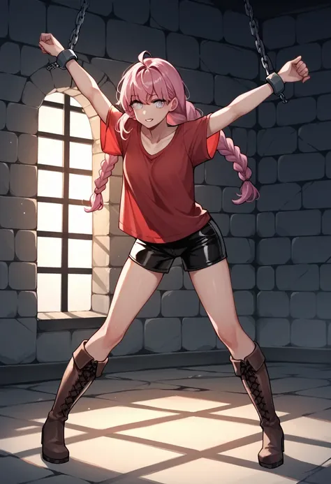 score_9, score_8_up, score_7_up, score_6_up, score_5_up, score_4_up, source_anime, 1girl, worth , pink hair, braids, white eyes, w-w-chain, shackles, spread arms, loose hair, red shirt, shorts ,bend over , black thigh boots,brown boots,latex boots , sexy p...