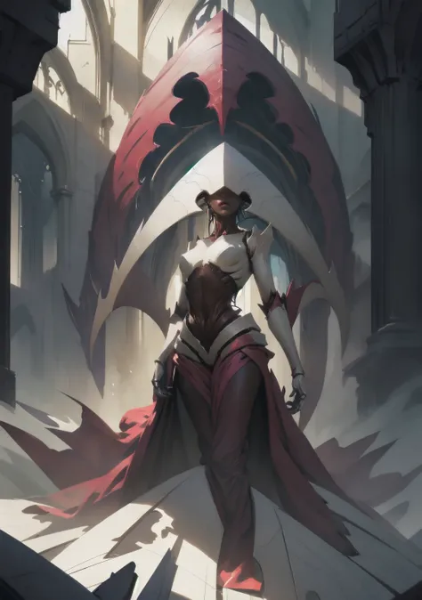 elesh norn, mother of machines, phyrexia, 1girl, solo, moonlit cathedral, standing in the moonlight, light shining down from above, beautiful illumination, intricate patterns, otherworldly atmosphere, dramatic lighting, cinematic composition, dark fantasy,...