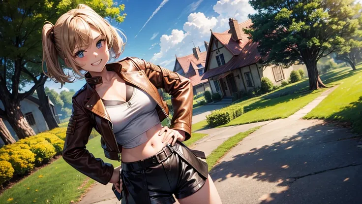 1girl, solo, far view, village, houses, trees, sun, clouds, fantasy, medieval, ((chestnut hair)), short hair, twintail, large breasts, ((brown leather jacket)), brown leather shorts, ((leather clothes)), cleavage 1:3, blue eyes, skirt, grin, looking at the...