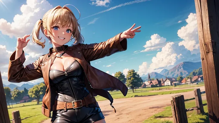 1girl, solo, far view, village, houses, trees, sun, clouds, fantasy, medieval, ((chestnut hair)), short hair, twintail, large breasts, ((brown leather jacket)), brown leather shorts, ((leather clothes)), cleavage 1:3, blue eyes, skirt, grin, looking at the...