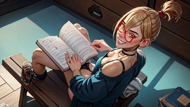 darcy, 1 girl,standing alone, glasses with red frame, teeths, yellow  eyes, hair blonde, ssmile, gazing at viewer, choker,trunk, short ponytail, face, reading a book, on a guys lap, view from above, ass pov