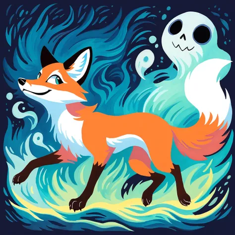 fox chased by a ghost in gouache painting art style