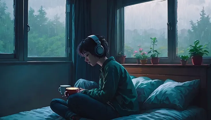 lofi song, sitting on the bed. looking at the window, having a coffee. listening to music on headphones, while looking out the w...