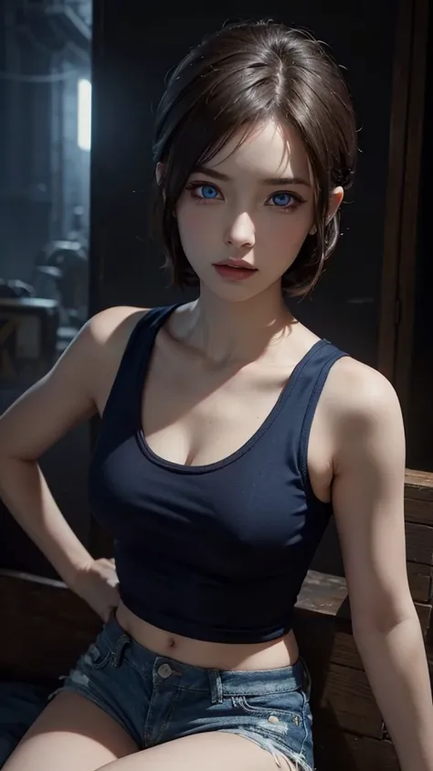 jill valentine resident evil short dark brown hair, medium pale skin, 
break blue tank top, denim mini shorts,
rest looking at t...