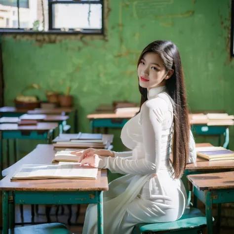 ((ao dai, fat, big breasts, beautiful breasts, sitting on a chair in the classroom, 8k quality photo with good details))