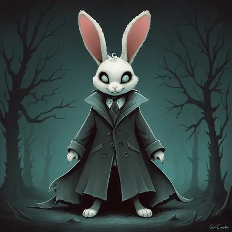 creepy rabbit in a coat in greg craola simkins art style