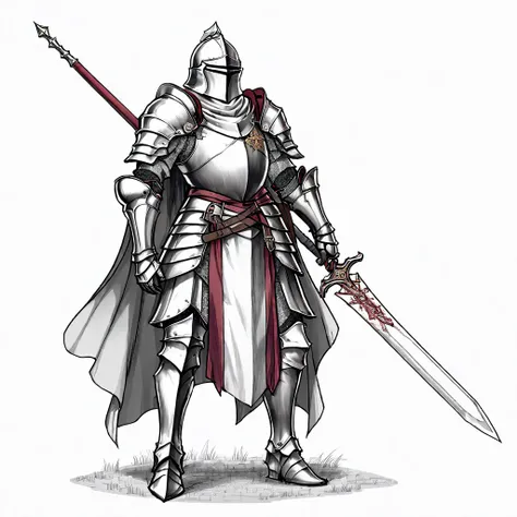 A knight in armor，Carrying a big sword on his back，Medieval European fantasy style，Line drawing style。Black and White、yellowish、Dark red main color。