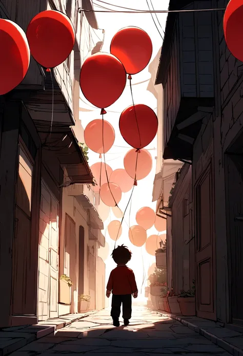 A 5-year-old boy walks down a dark, deserted street in search of a red balloon that is loose in the air