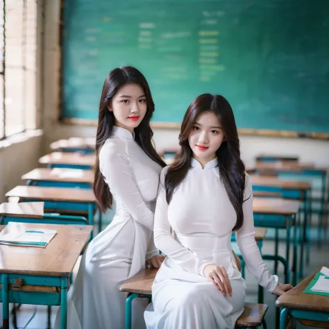 ((ao dai, fat, big breasts, beautiful breasts, sitting on a chair in the classroom, 8k quality photo with good details))