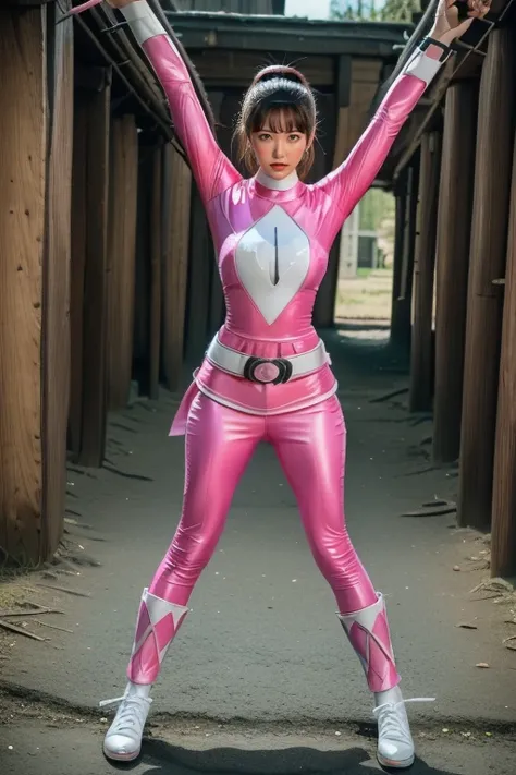 pink theme，pink ranger suit、curvy, big breats, full body, tied on saint andrew's cross in x position,