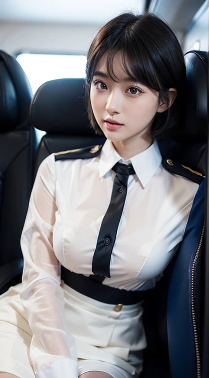 ((cabin attendant))、１a person、stewardess、Extraordinary Beauty、full bodyesbian、Planes、(((a exy Costumes))、((Revealing uniforms))、Short-cut hairstyles 、Women in Japan、Photorealsitic、Beautiful detailed eyes、Hyper-Realism、highcontrast、Ultra HD、realistic skin t...