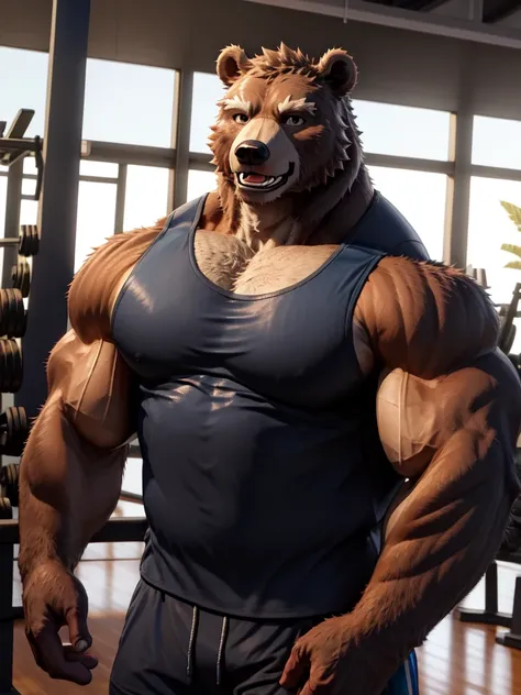 ((solo, one bear, 1man)), muscular bear wear working out as gym coach, gym tank top uniform, furry, an anthro (bear), an anthto,...