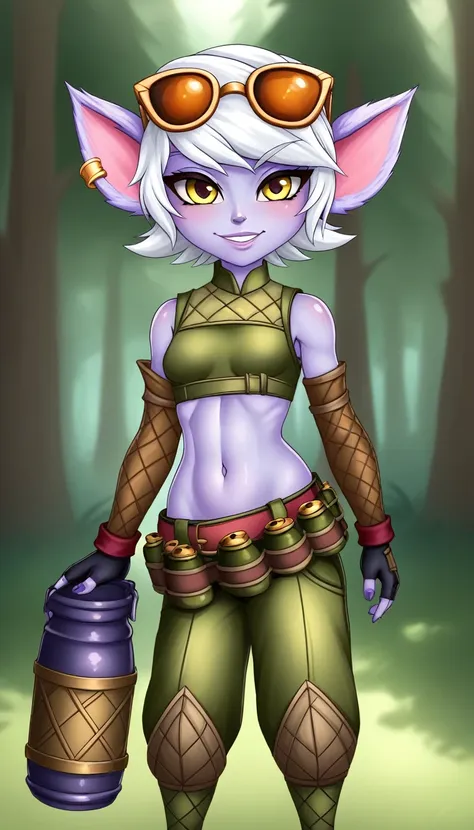 tristanalolxl, yordle, yellow eyes, pointy ears, by white, short hair, earrings, glasses on head, purple skin, colored skin. sma...