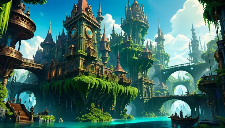 A highly detailed fantastical steampunk world, floating islands, dungeons, dragons, adventurers, elves, furries, magic, futuristic guns, cinematic lighting, dramatic shadows, vibrant colors, intricate mechanical elements, ornate architecture, lush vegetati...