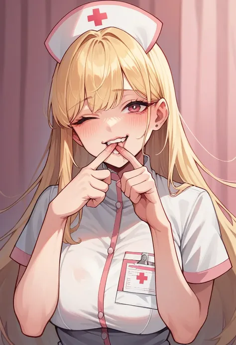 Korean girl , big titties , in a pink nurse costume, blonde hair , in a pink room , biting finger , long hair , winking