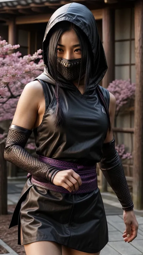 female shinobi with shoulder armor, asian, long black hair, brown eyes, hooded, fishnets, ninja garb, sakura background, japan